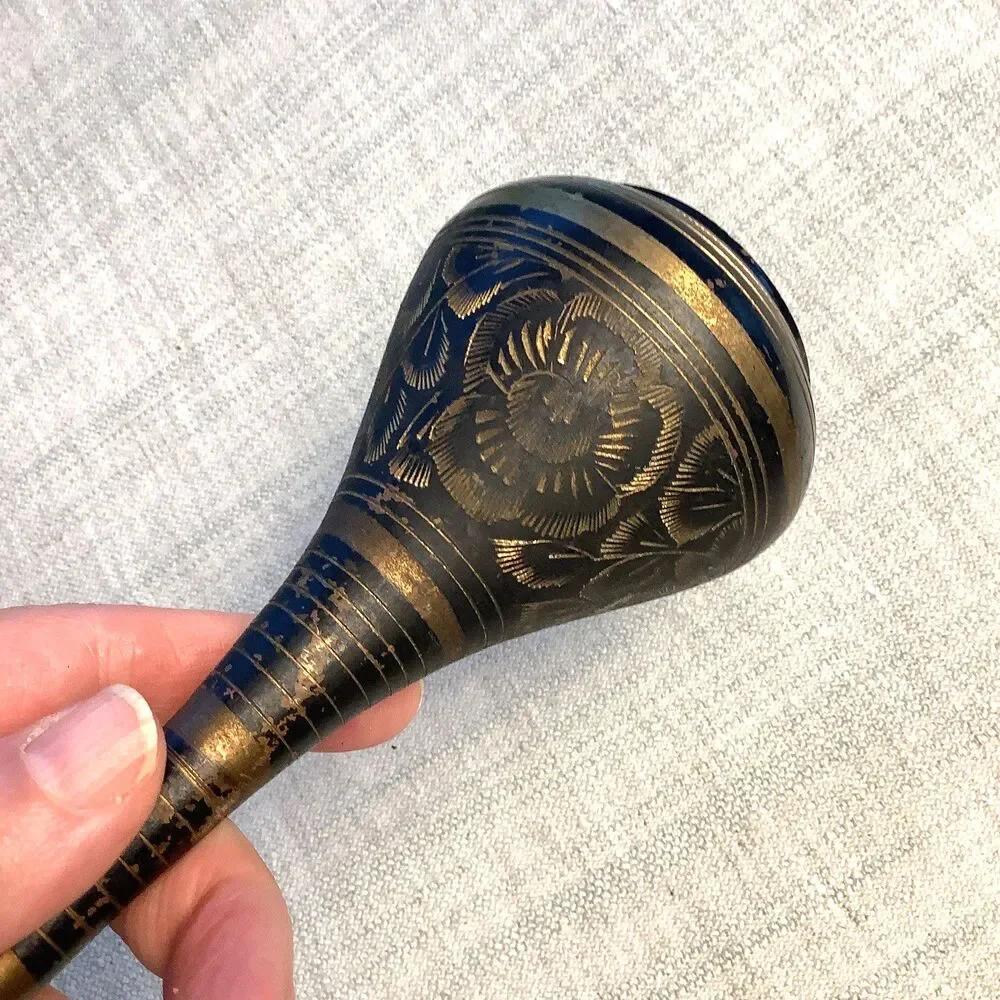 Vintage India Vase Floral Black Metal Gold Tone MCM 7.5 ” Engraved Boho Decor